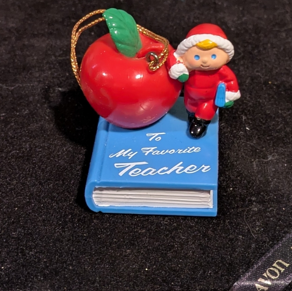 Vintage AVON Santa and Apple on Blue Book Ornament For Teacher